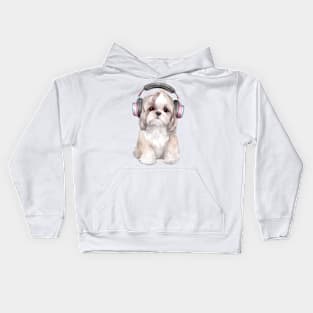 Watercolor Shih Tzu Dog with Headphones Kids Hoodie